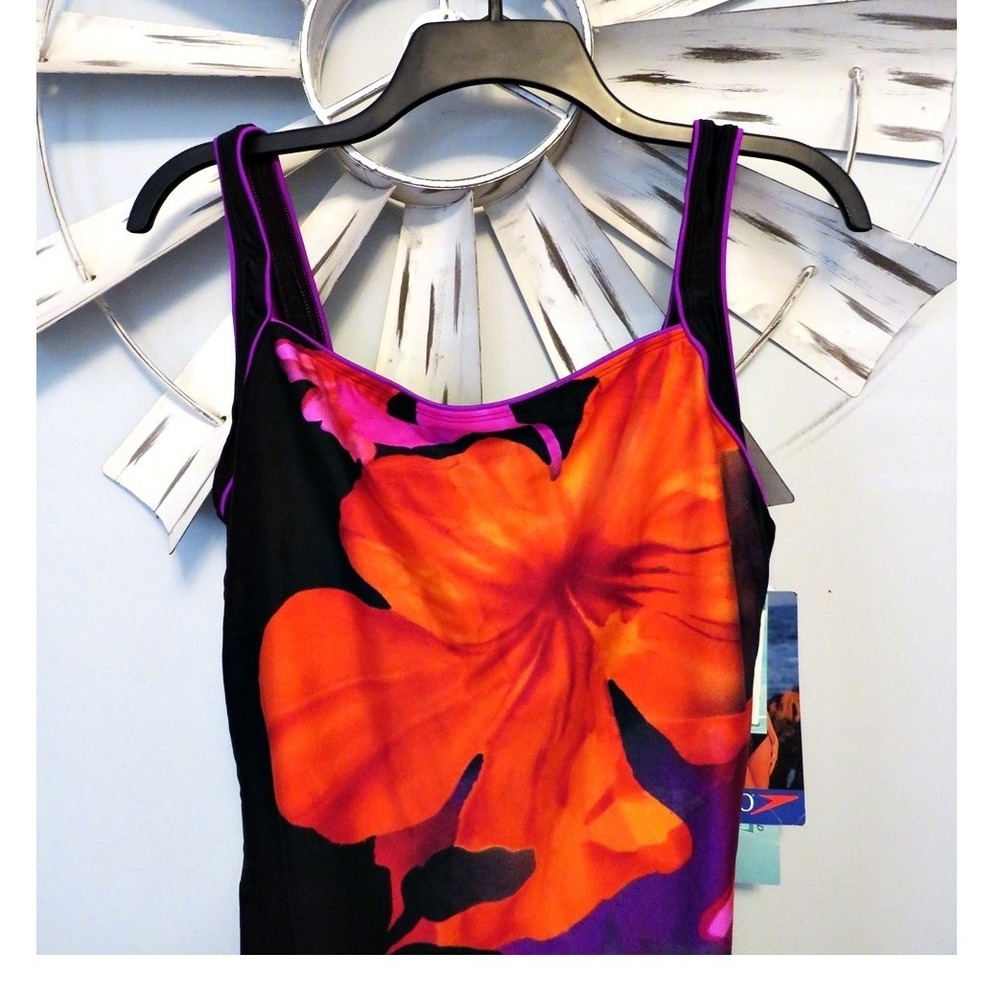 NWT Women's Speedo One-Piece Black Orange Floral Size 12 Moderate Style 723348